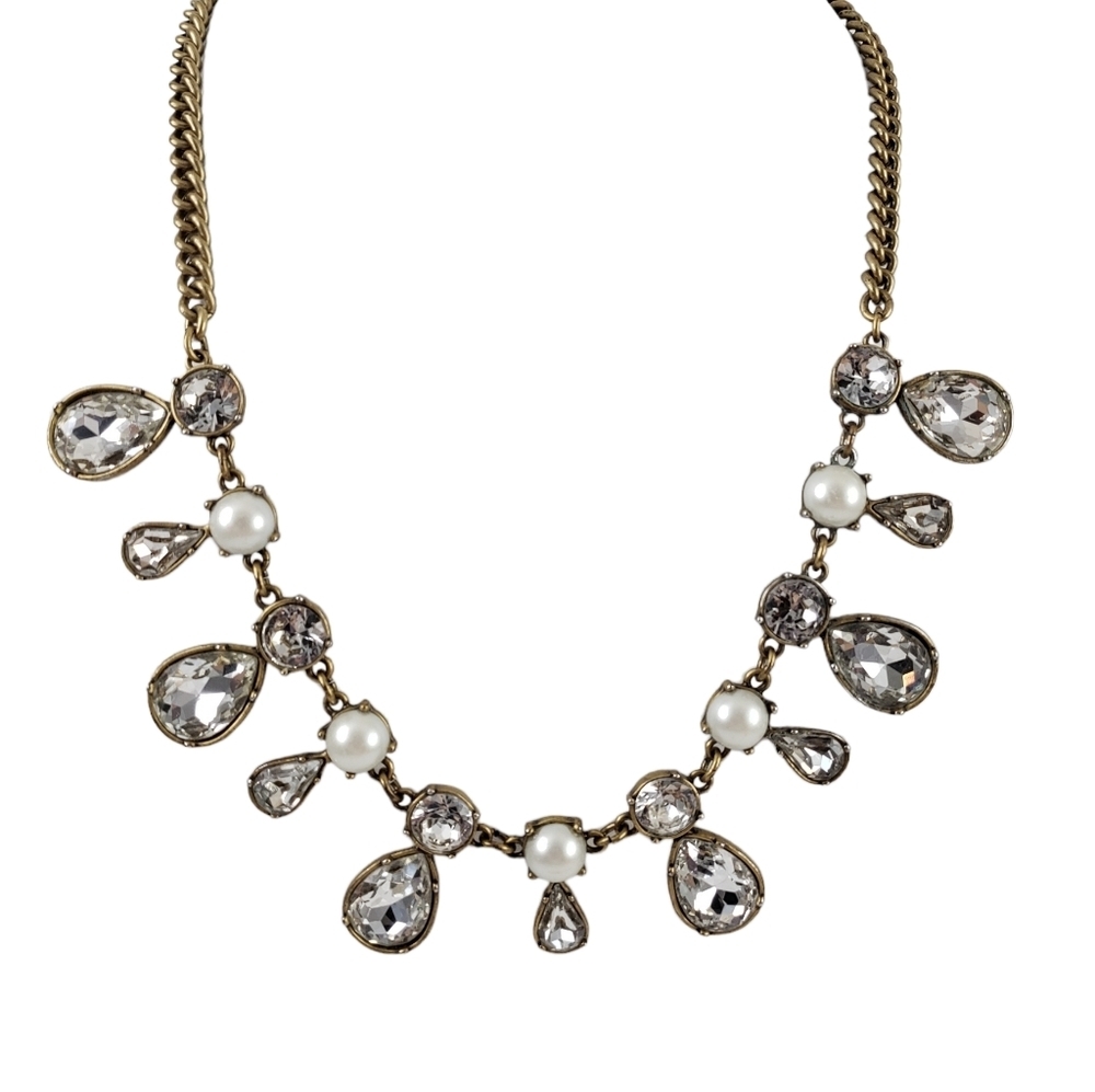 J. Crew statement necklace art deco brilliant rhinestones and faux pearls A0292